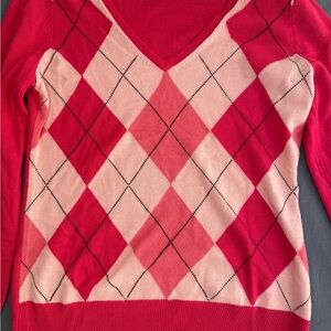 New York & Company Red and Pink Argyle V-Neck Sweater